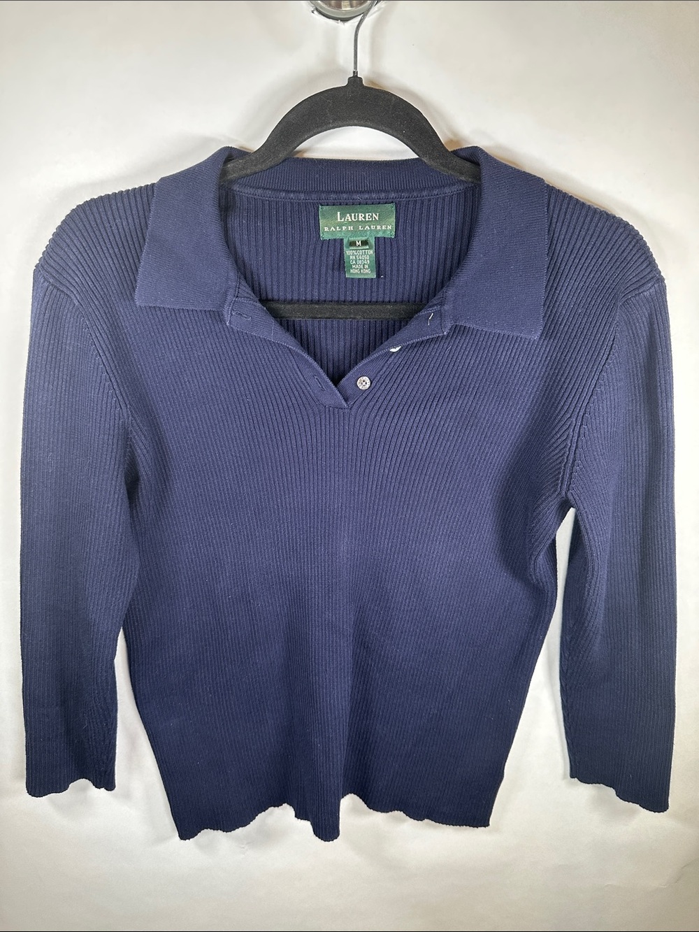 Lauren Ralph Lauren Navy Ribbed quarter Sleeve Polo Top